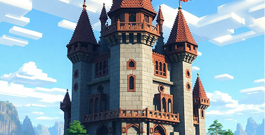 A Minecraft style castle with blue sky and clouds