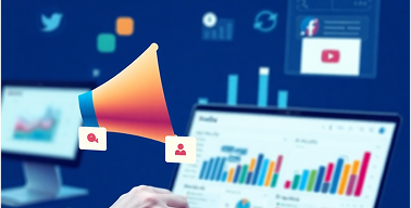 Digital marketing concept with megaphone and analytics charts on computer screens