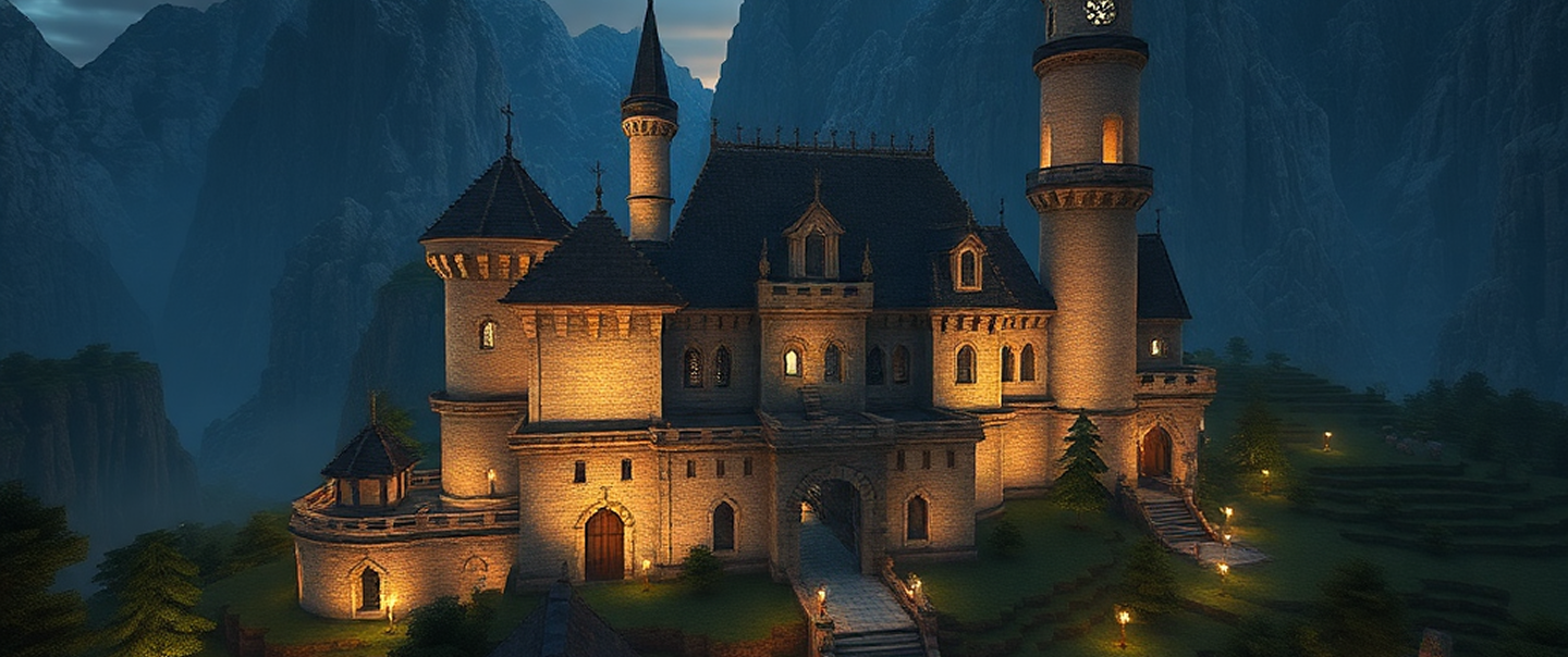 A large castle illuminated at night with mountains in the background under a dark sky